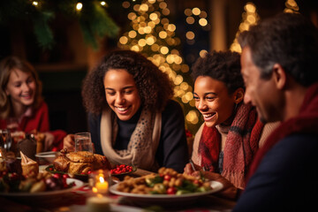 Obraz na płótnie Canvas Family enjoying food, christmas party concept.