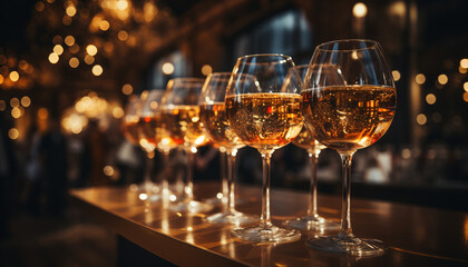 Luxury celebration, night of elegance, glass reflects illuminated wine generated by AI - obrazy, fototapety, plakaty