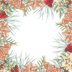 Christmas wreath made of watercolor plants and cookies. A bright element for holiday printed products.
