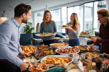 corporate people enjoying food at office party