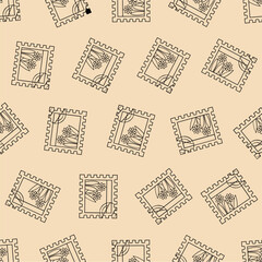 Fototapeta na wymiar Postage stamp line art seamless pattern. Suitable for backgrounds, wallpapers, fabrics, textiles, wrapping papers, printed materials, and many more. Editable vector.