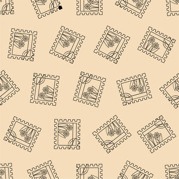 Postage stamp line art seamless pattern. Suitable for backgrounds, wallpapers, fabrics, textiles, wrapping papers, printed materials, and many more. Editable vector.