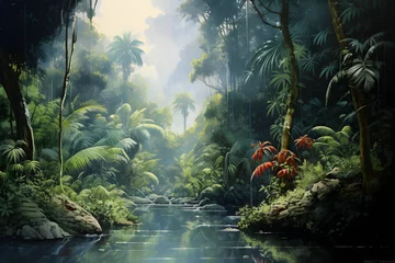 Fotobehang watercolour painting of the jungle landscape, a picturesque natural environment in soft harmonious colours © sam