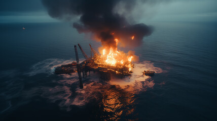 burning oil platform in the sea view from a drone, aerial view - obrazy, fototapety, plakaty