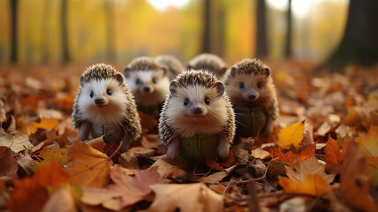 Obraz premium a group of cartoon hedgehogs family runs through the autumn forest a dynamic scene of leaf fall