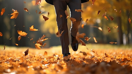 autumn falling leaves in the city park businessmen are running on yellow leaves joyfully scattering fallen leaves - obrazy, fototapety, plakaty