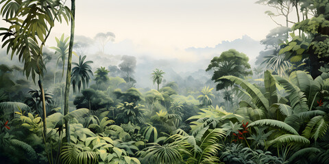 watercolour painting of the jungle landscape, a picturesque natural environment in soft harmonious colours - obrazy, fototapety, plakaty