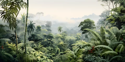 Fotobehang watercolour painting of the jungle landscape, a picturesque natural environment in soft harmonious colours © sam