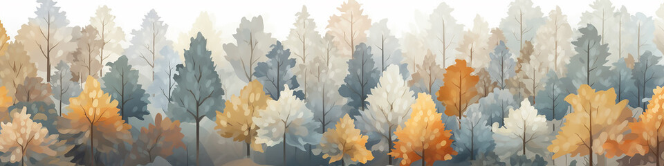 soft color panorama autumn forest landscape, narrow drawing for website design in pastel tinted light - obrazy, fototapety, plakaty