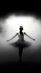 vertical portrait silhouette of a ballerina dancing in smoke stage light loneliness and dancing