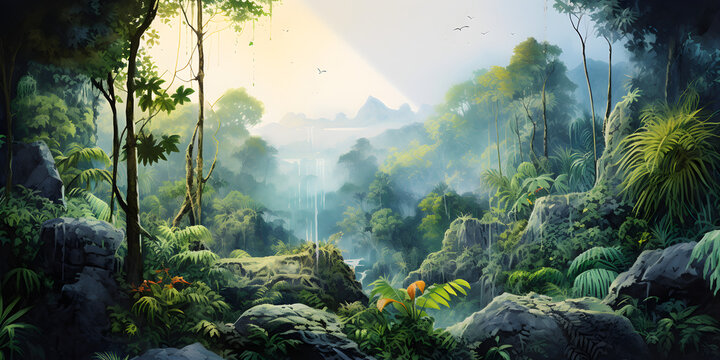 Fototapeta watercolour painting of the jungle landscape, a picturesque natural environment in soft harmonious colours