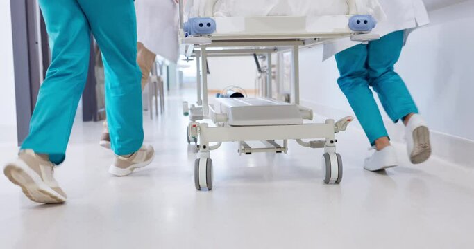 People, doctor and legs running with bed for emergency, ICU or quick surgery to save a life at hospital. Closeup of medical group or shoes in rush with stretcher for healthcare, urgency or support