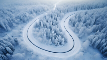  A meandering, snow-covered road winding through a dense forest. The top-down aerial view reveals the intricate curves and patterns formed by the road, surrounded by a blanket of untouched snow. - Powered by Adobe