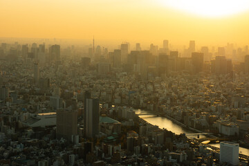 夕暮れ時の東京の街並みを上から眺める
