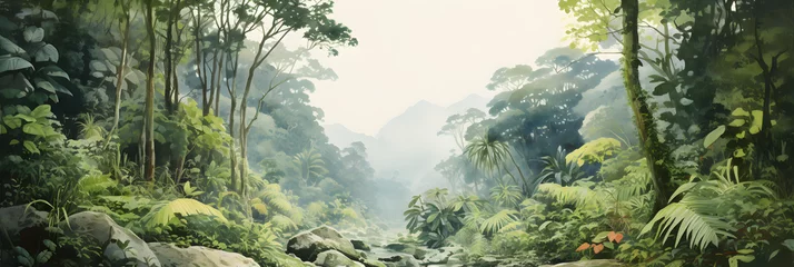 Photo sur Plexiglas Vert bleu watercolour painting of the jungle landscape, a picturesque natural environment in soft harmonious colours