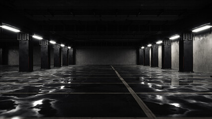 3D rendering of a creepy and dark empty parking lot environment with wet asphalt surface and concrete walls