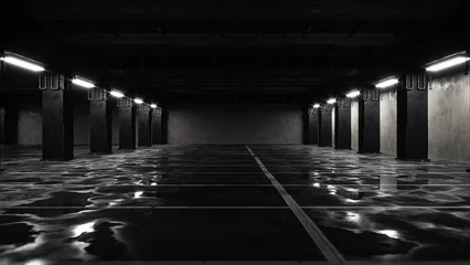 Foto op Plexiglas 3D rendering of a creepy and dark empty parking lot environment with wet asphalt surface and concrete walls © archangelworks