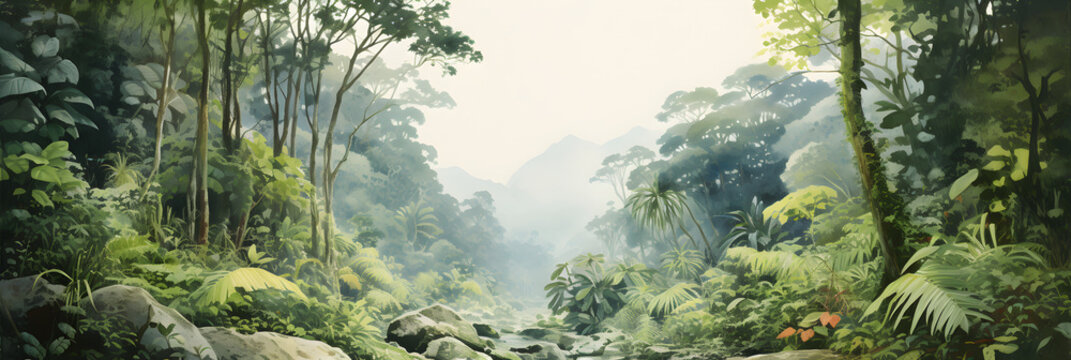 watercolour painting of the jungle landscape, a picturesque natural environment in soft harmonious colours