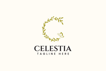 letter c with floral elements and butterfly feminine logo design template