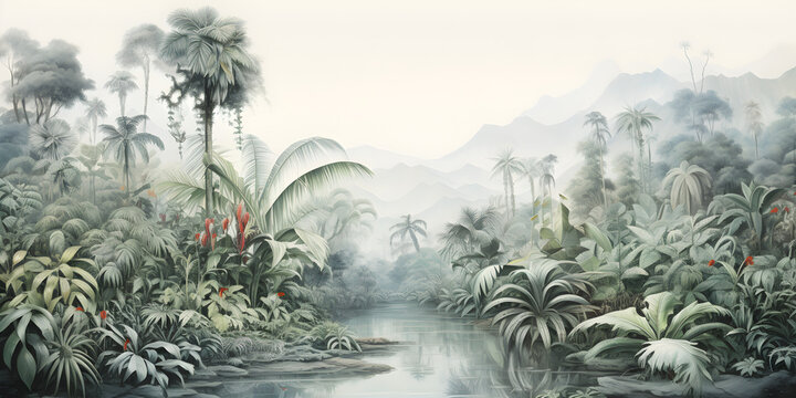 Fototapeta vintage sketch of the jungle landscape, a picturesque natural environment for wallpaper, wall art, card design