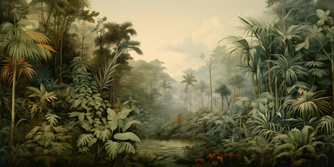 vintage sketch of the jungle landscape, a picturesque natural environment for wallpaper, wall art, card design