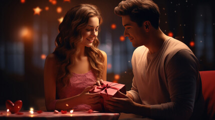 Young man giving gift to his wife or girlfriend.