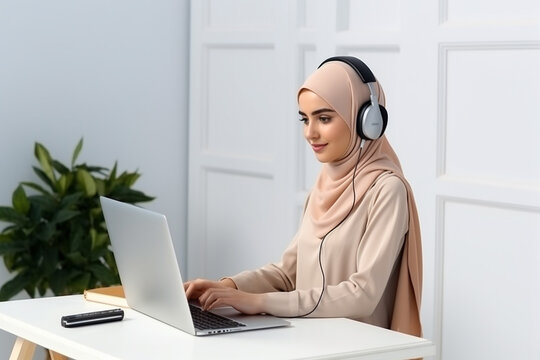 Muslim business woman with headset working in office