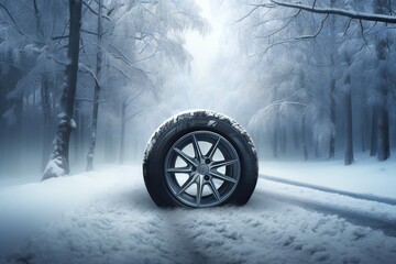 Fototapeta na wymiar New winter tires advertisement concept in snowy forest Generative AI