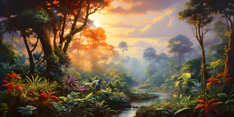 scenic painting of the jungle landscape, a picturesque natural environment in harmonious colours