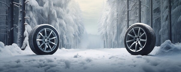 New winter tires advertisement concept in snowy forest Generative AI