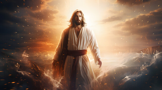 Jesus (front view) walking on water , beautiful sunset on back