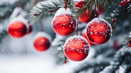Naklejka na ściany i meble Red balls on fir branches winter snowy christmas festive