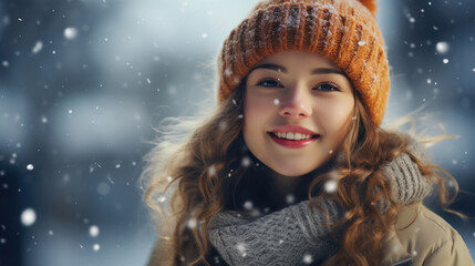 beautiful girl enjoying snowfall