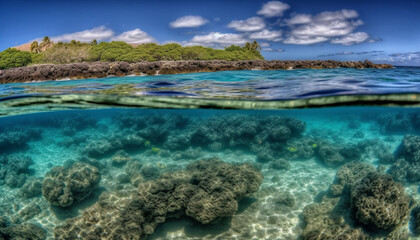 Fototapeta na wymiar Underwater reef, blue water, tropical fish, coral vacations, transparent snorkeling generated by AI