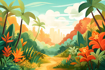 Fototapeta na wymiar colourful painting of the jungle landscape, a picturesque cute and simple natural environment in bright cartoon colours