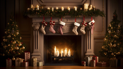 fireplace with a decorated mantel and candles on either side with presents and a wreath on the wall behind the fireplace room decorated for christmas fireplace background - obrazy, fototapety, plakaty