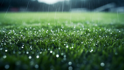green grass bottom view of a football stadium in the rain - obrazy, fototapety, plakaty