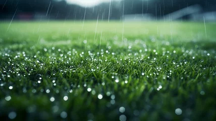 Fotobehang green grass bottom view of a football stadium in the rain © kichigin19