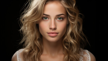 Fototapeta premium Beautiful young woman with long blond hair looking at camera generated by AI
