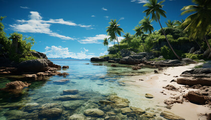Fototapeta na wymiar Idyllic tropical coastline, serene waters edge, palm tree paradise generated by AI