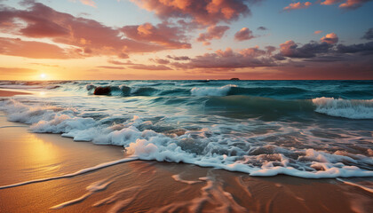 Fototapeta premium Sunset over the water, nature beauty reflected in tranquil waves generated by AI