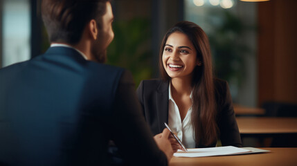Obraz premium Indian insurance sales woman or investing advisor explaining the plan to her client.