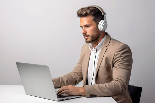 Businessman with headset using laptop against white wall