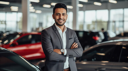 confident man in suit standing at car showroom