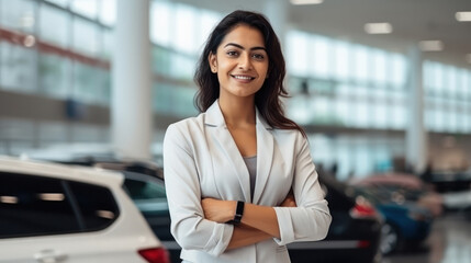 confident woman standing at car showroom