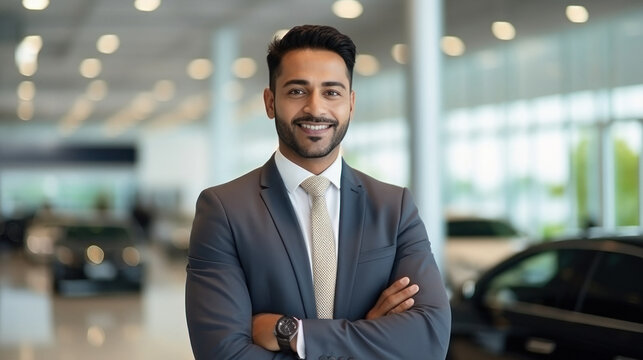 confident man in suit standing at car showroom