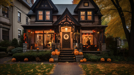 Evening view of a beautiful Halloween decorated house