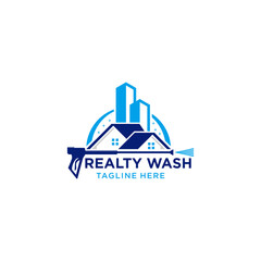 Fototapeta premium Pressure washing logo design template, exterior cleaning service that uses soft wash and pressure washing to clean roofs, houses, and any surface