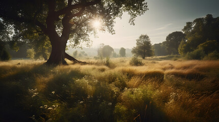 Sunny summer meadow on a hot day with a blue sky. Trees dot the landscape, offering shade. Yellow-green grasses stretch under the sun's warmth.