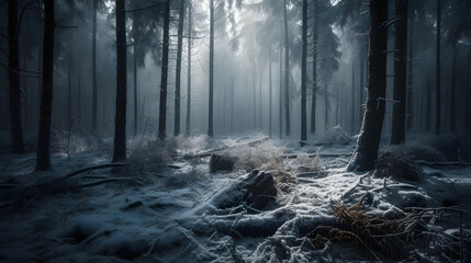 Winter scene. Forest is covered in soft, white snow. A ray of sunshine breaks through the branches, creating a beautiful contrast and adding warmth.